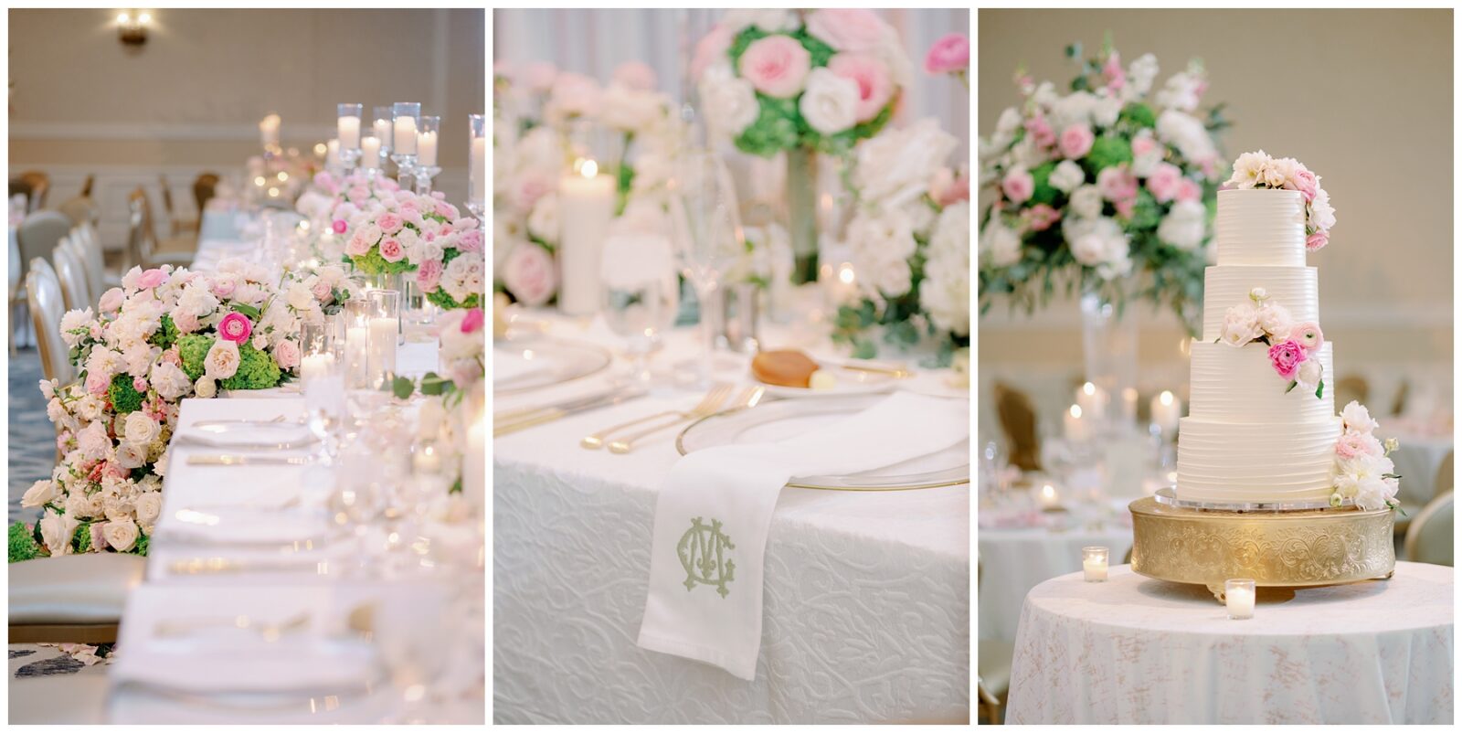 Reception details including head table, place settings, and wedding cake at the Morris Inn