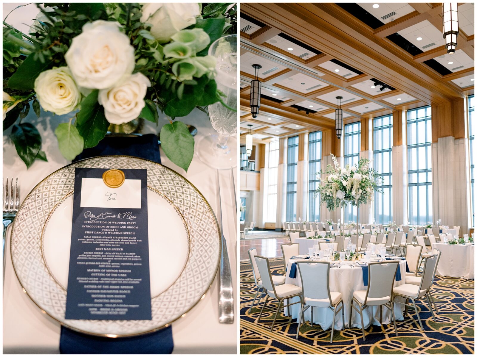 Navy and gold place setting with floral centerpiece in Dahnke Ballroom at Notre Dame wedding reception