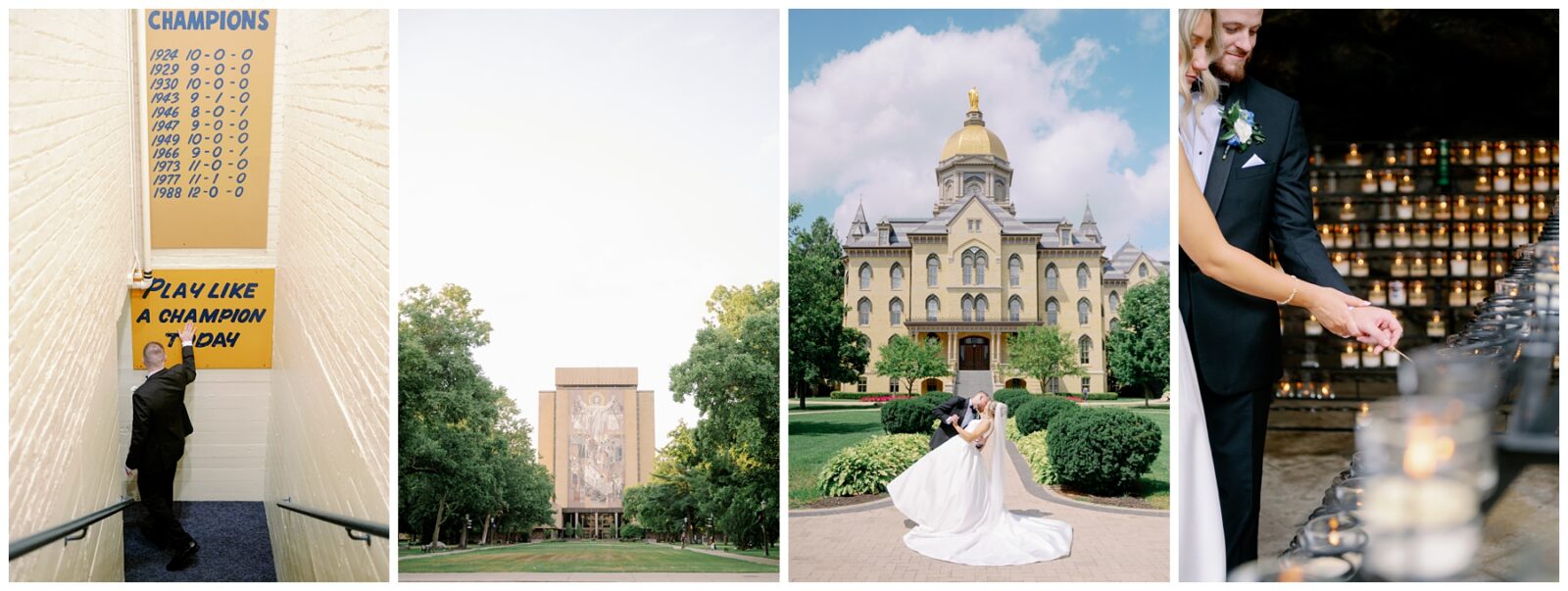 Iconic Notre Dame wedding moments including the Golden Dome, Basilica, and prayer candles.