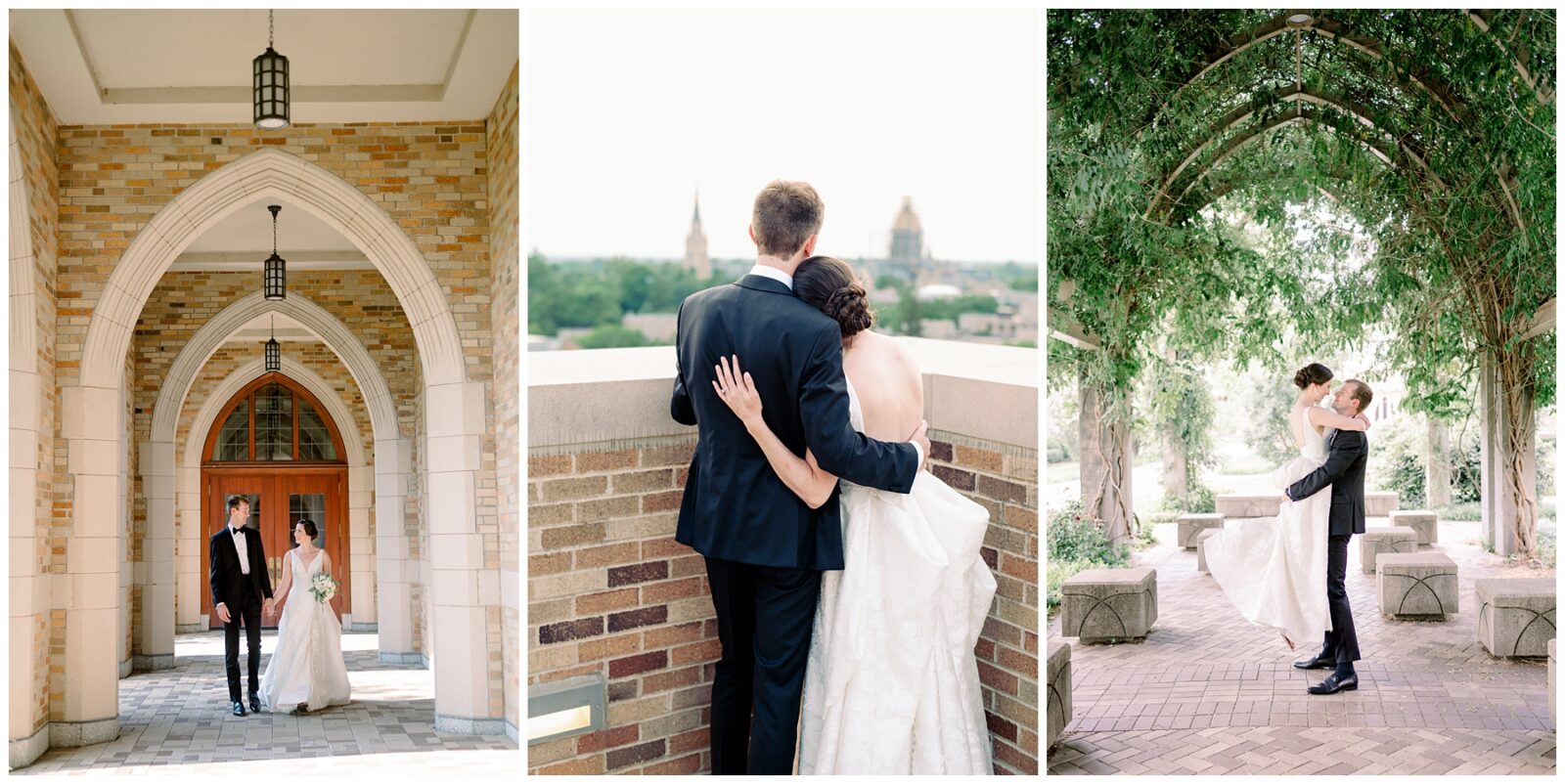 Couple walking through The Law School archways and embracing under a garden pergola on their wedding day