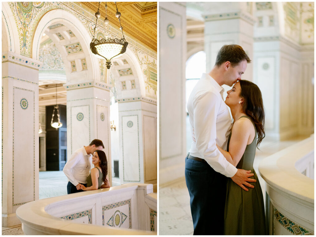 Chicago Cultural Center engagement photos featuring intimate portraits on marble balustrade with architectural details