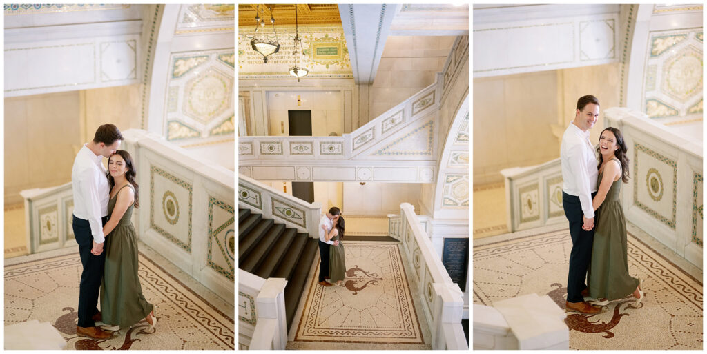 Chicago Cultural Center engagement session with couple on marble steps showcasing ornate mosaic details