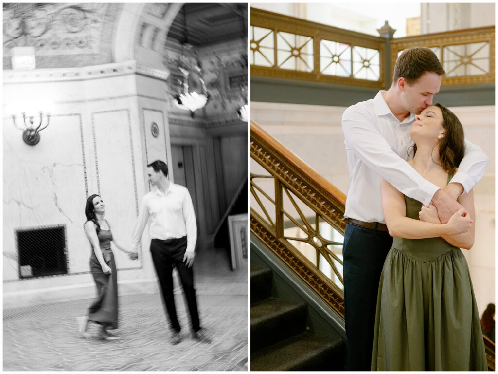 Chicago Cultural Center engagement photography showing motion and romance with ornate architectural background