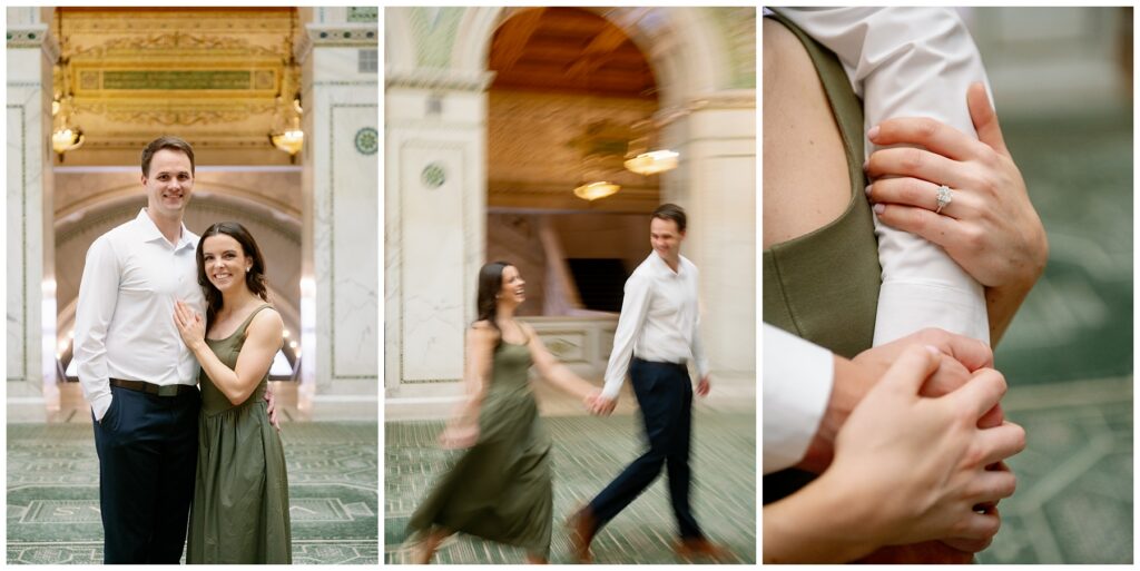 Chicago Cultural Center engagement session featuring couple portraits with motion blur and architectural details