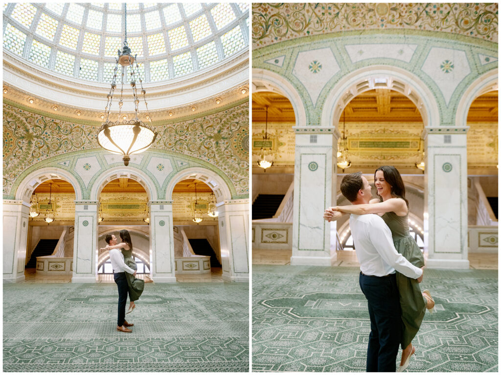 Chicago Cultural Center engagement photos with couple spinning under stunning Tiffany dome and ornate ceiling