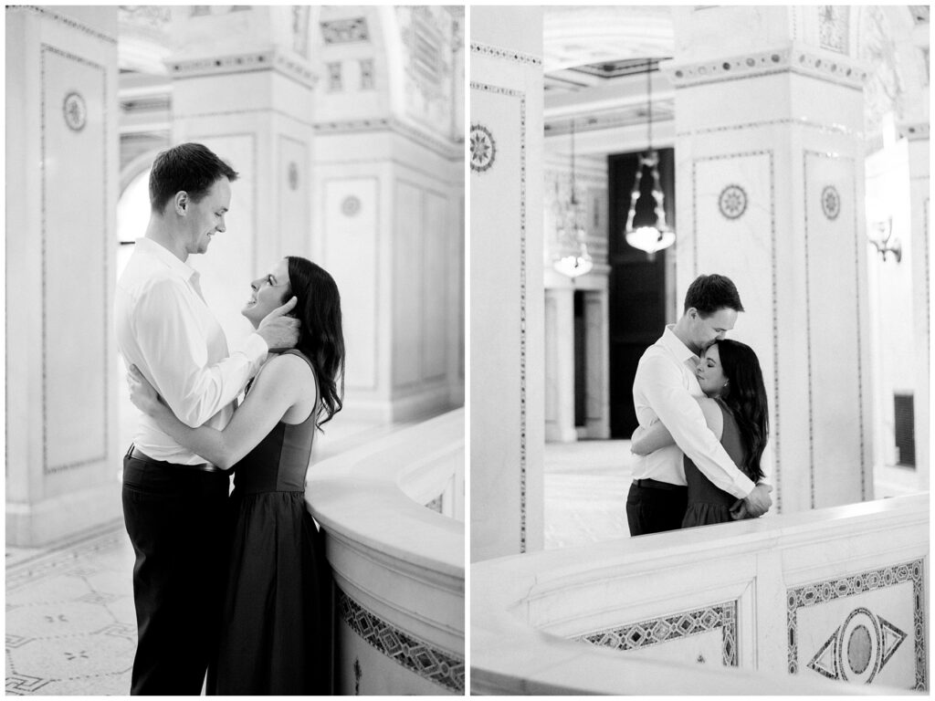 Chicago Cultural Center engagement photos in black and white featuring couple on ornate marble balustrade