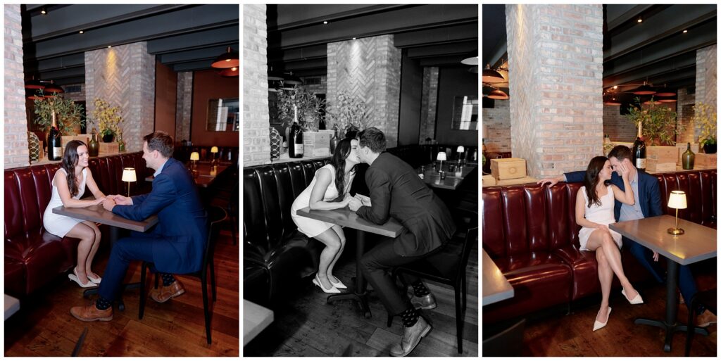 Formento's Chicago engagement photography featuring couple at restaurant tables with leather banquettes
