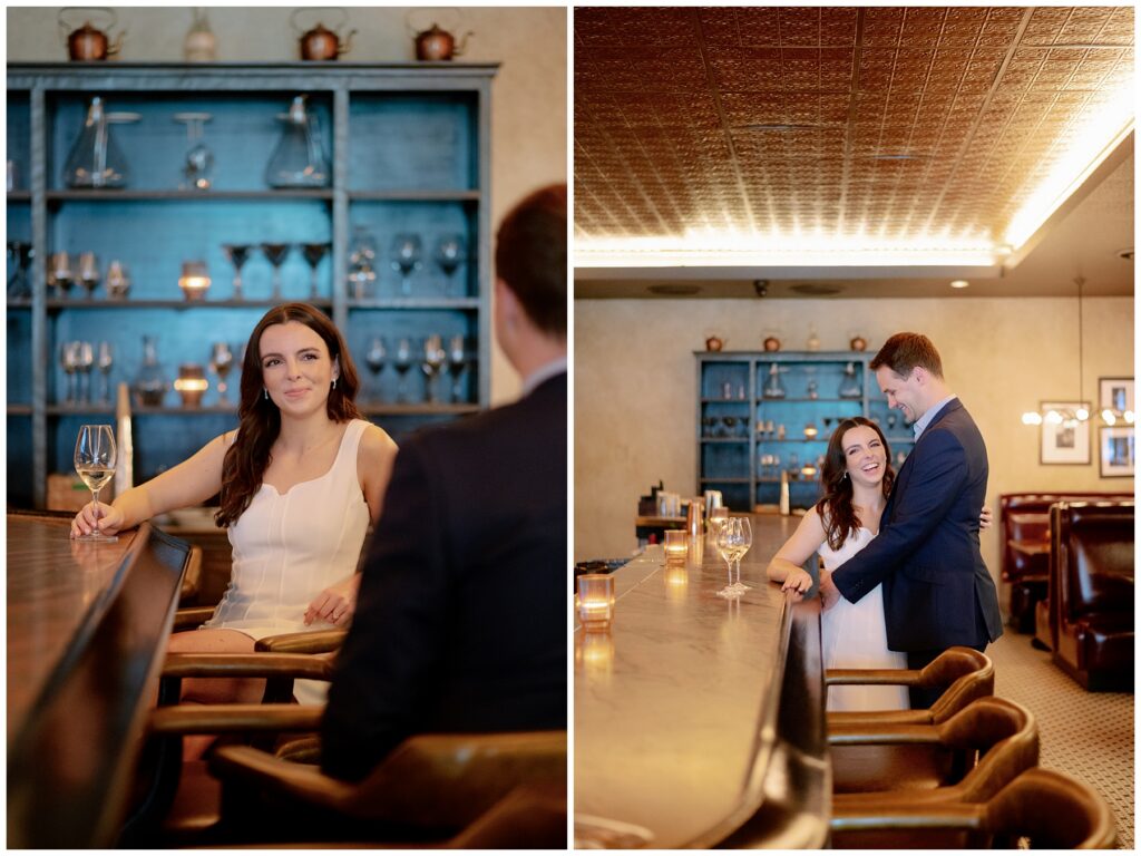 Formento's engagement session showing couple at bar with ornate tin ceiling and blue glassware display