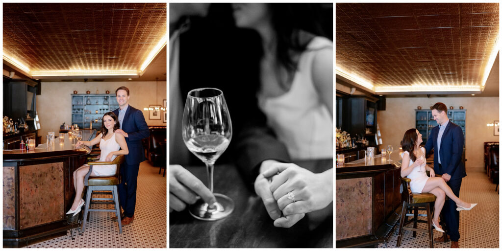 Formento's Chicago engagement photography featuring couple at bar with tin ceiling and engagement ring detail