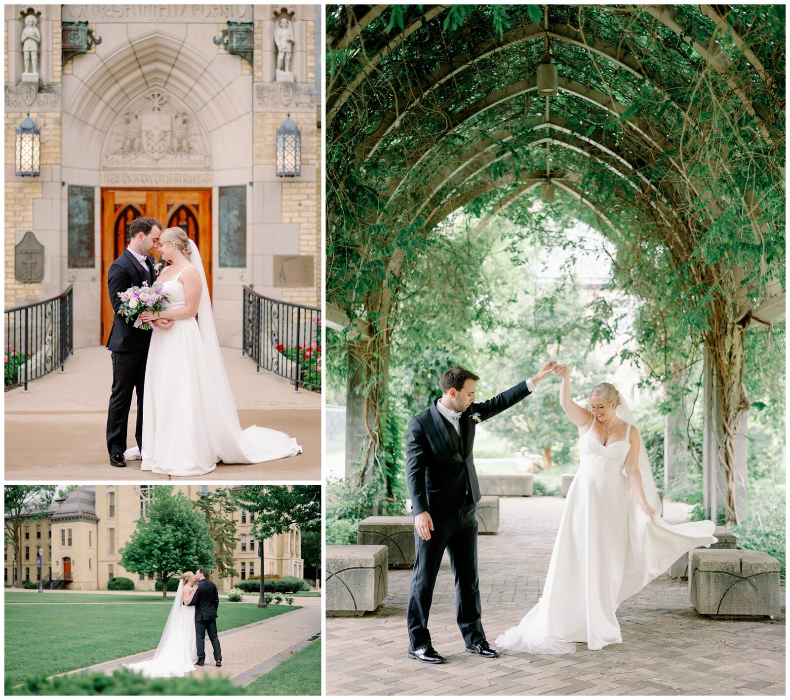 A newlywed couple takes wedding portraits around one of the best places to take wedding photos in South Bend