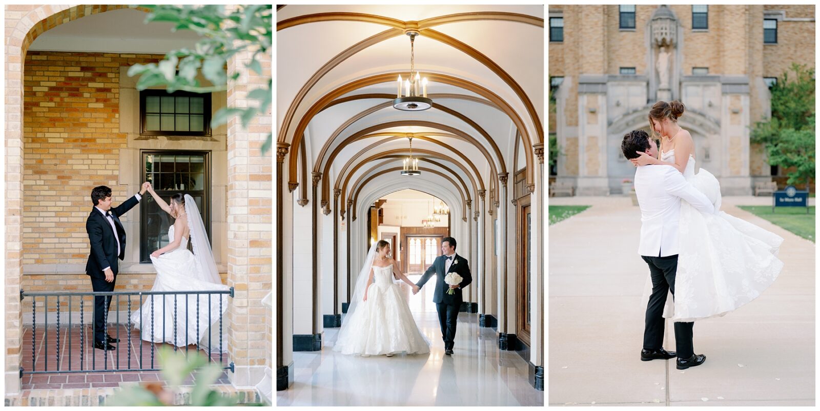 A newlywed couple takes wedding portraits around one of the best places to take wedding photos in South Bend
