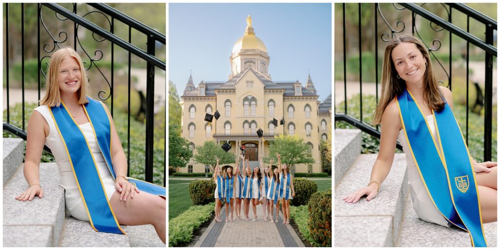 University of Notre Dame seniors tossing graduation caps beneath the Golden Dome during spring graduation portraits.