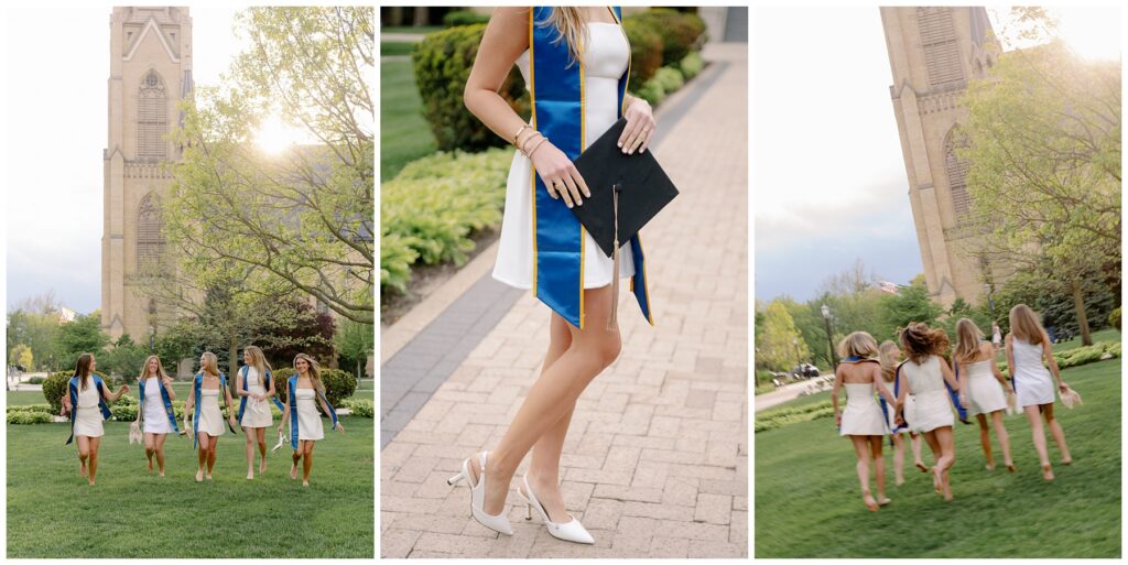 University of Notre Dame graduates walking barefoot across campus during golden hour senior portraits.
