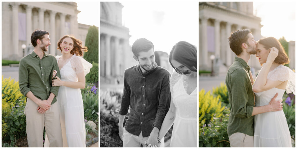 Couple laughing, walking hand in hand, and sharing a kiss during a golden hour engagement session in Forest Park, St. Louis