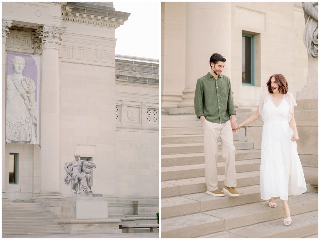 St. Louis Art Museum exterior with classical columns and engaged couple walking down the steps together