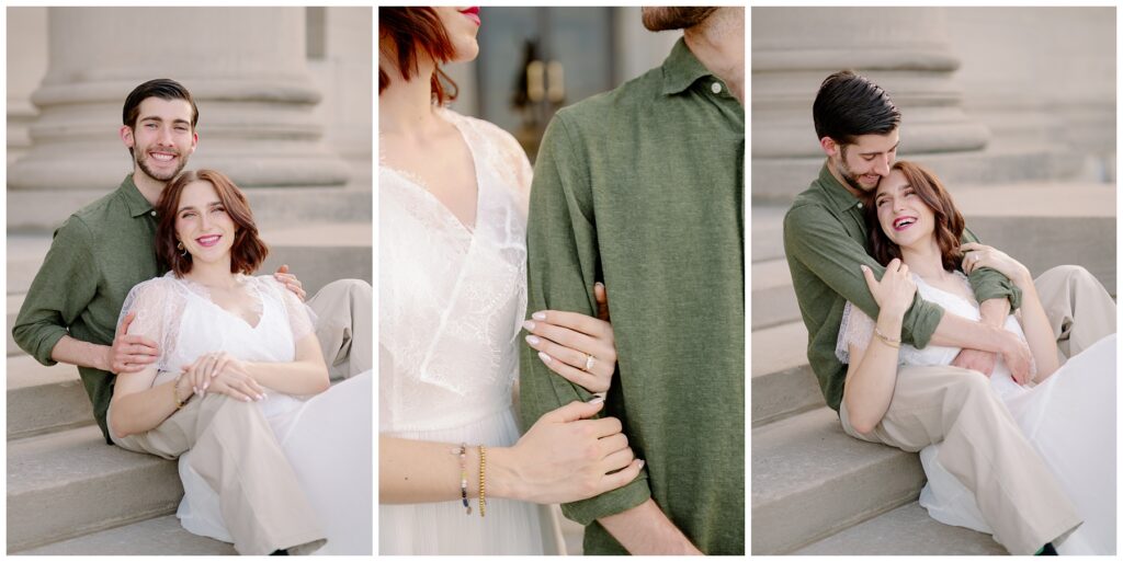 Couple sitting together on museum steps, close-up of engagement ring and lace dress, and candid moment of them laughing