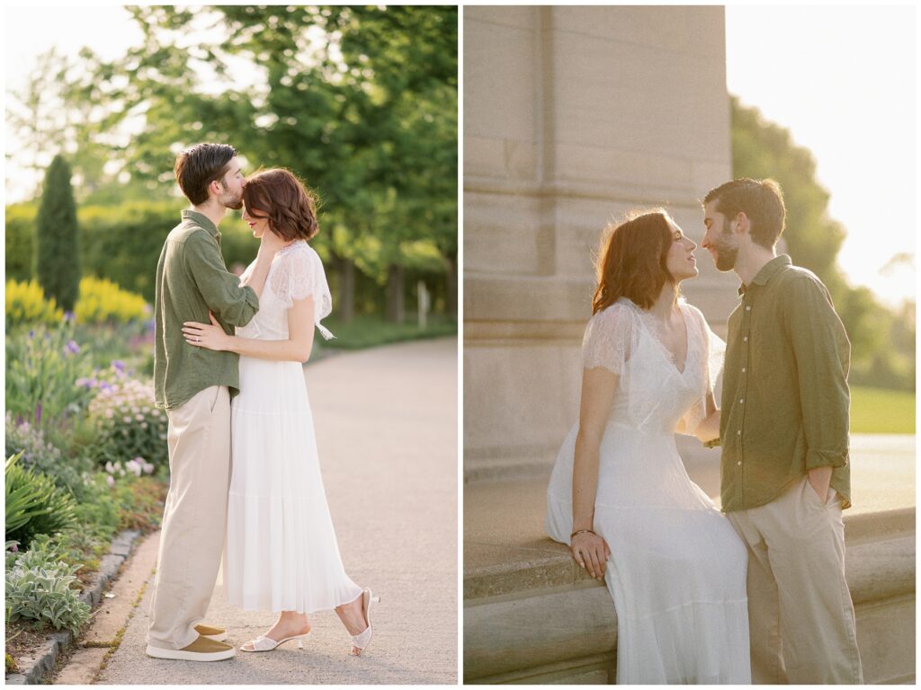 Couple sharing a kiss in a garden and sitting together in warm golden light near the Art Museum in Forest Park, St. Louis