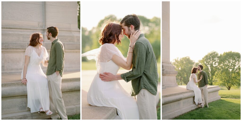 Couple laughing and embracing while sitting on stone steps, with soft, intimate moments captured in golden hour light