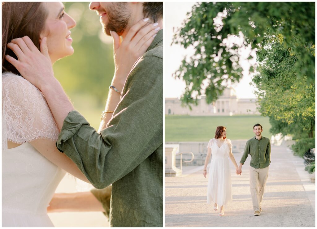 Close-up of couple holding each other and walking hand in hand along a sunlit path in Forest Park, St. Louis