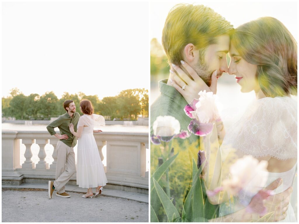Couple standing by a stone railing at sunset and a soft, dreamy close-up with flowers in the foreground in golden light