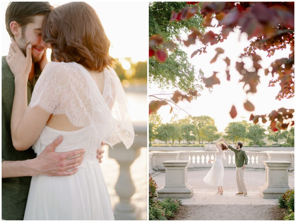 Close, intimate moment of couple embracing and smiling, paired with a wide shot of the couple twirling under leafy branches at sunset in Forest Park