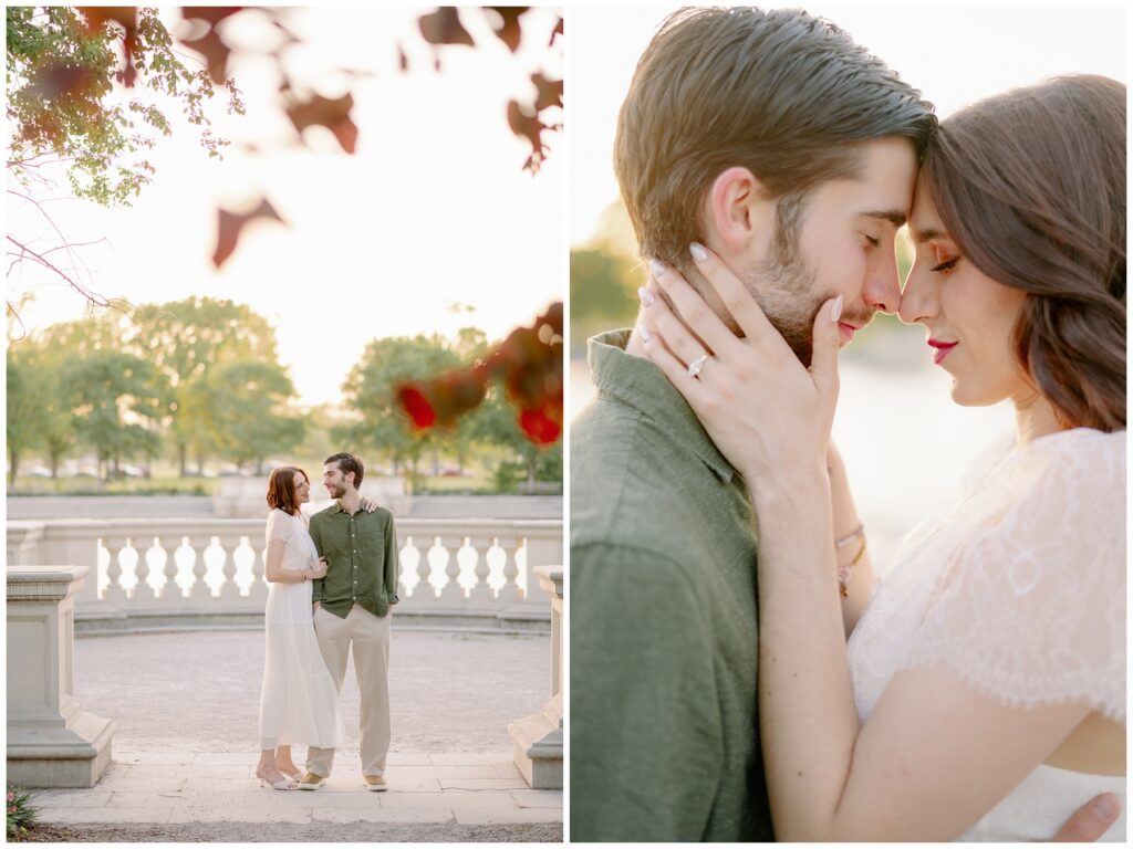 Couple standing together by a stone railing with soft backlight, alongside a close-up of them touching foreheads in a quiet, romantic moment