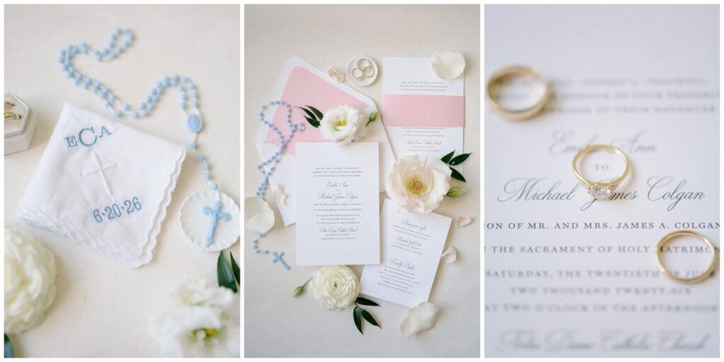 Personalized bridal handkerchief, custom wedding invitation suite, and heirloom wedding rings styled for a classic Catholic wedding at Hinsdale Golf Club.