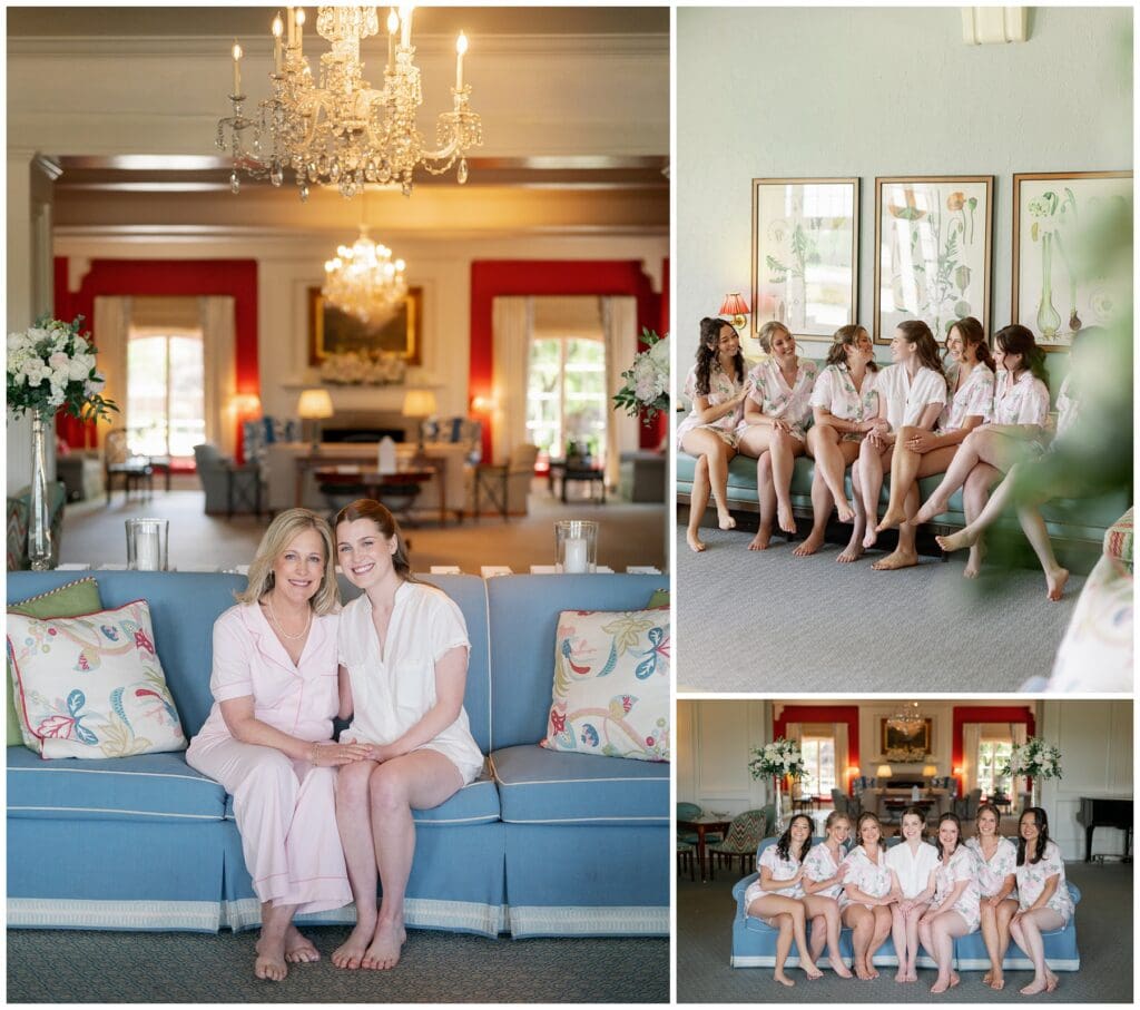 Bride shares joyful moments with her mother and bridesmaids while getting ready at Hinsdale Golf Club before her Clarendon Hills wedding.