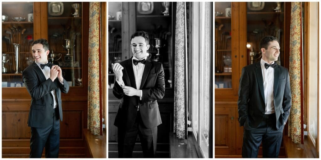Groom finishes getting ready and poses for classic portraits before the wedding ceremony at Hinsdale Golf Club.