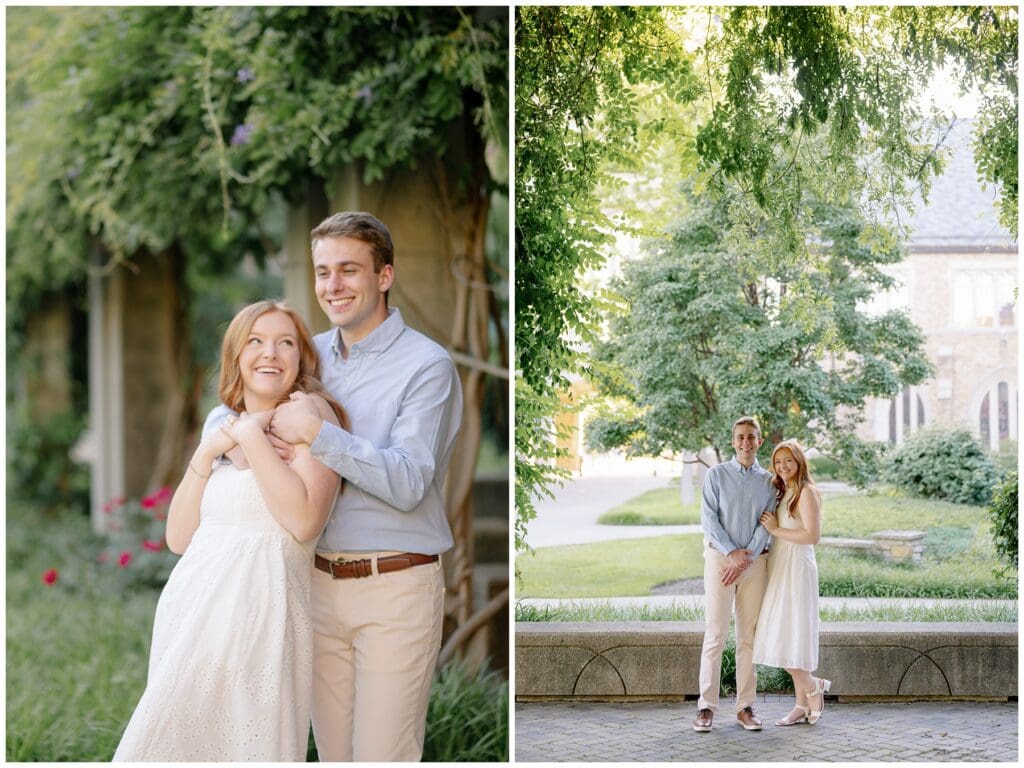 Collage of playful engagement portraits beneath the greenery arch at the University of Notre Dame in South Bend.