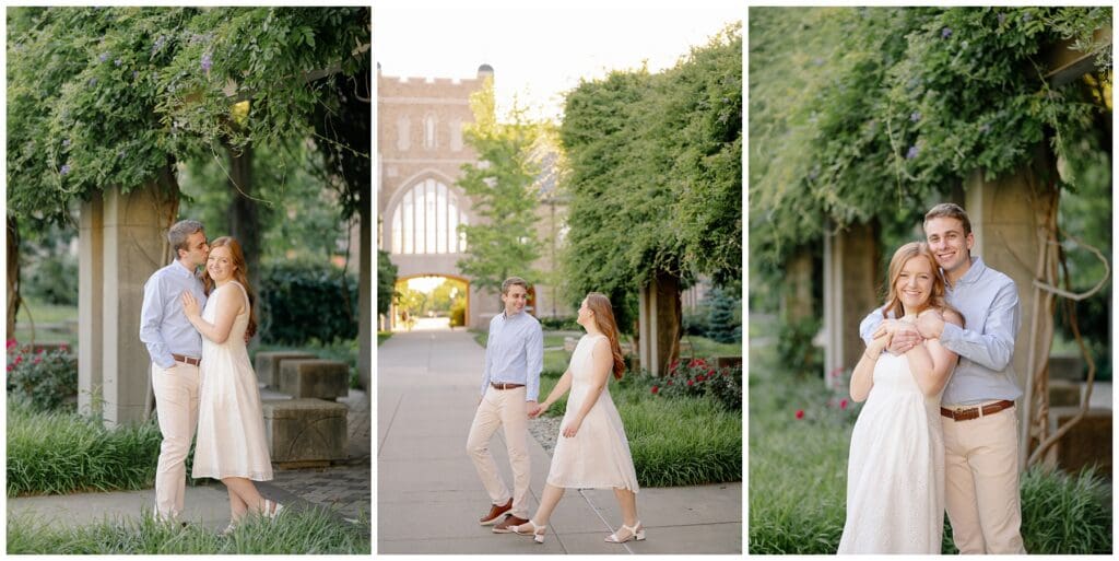 Collage of romantic summer engagement photos walking through the vine-covered pergola at the University of Notre Dame.