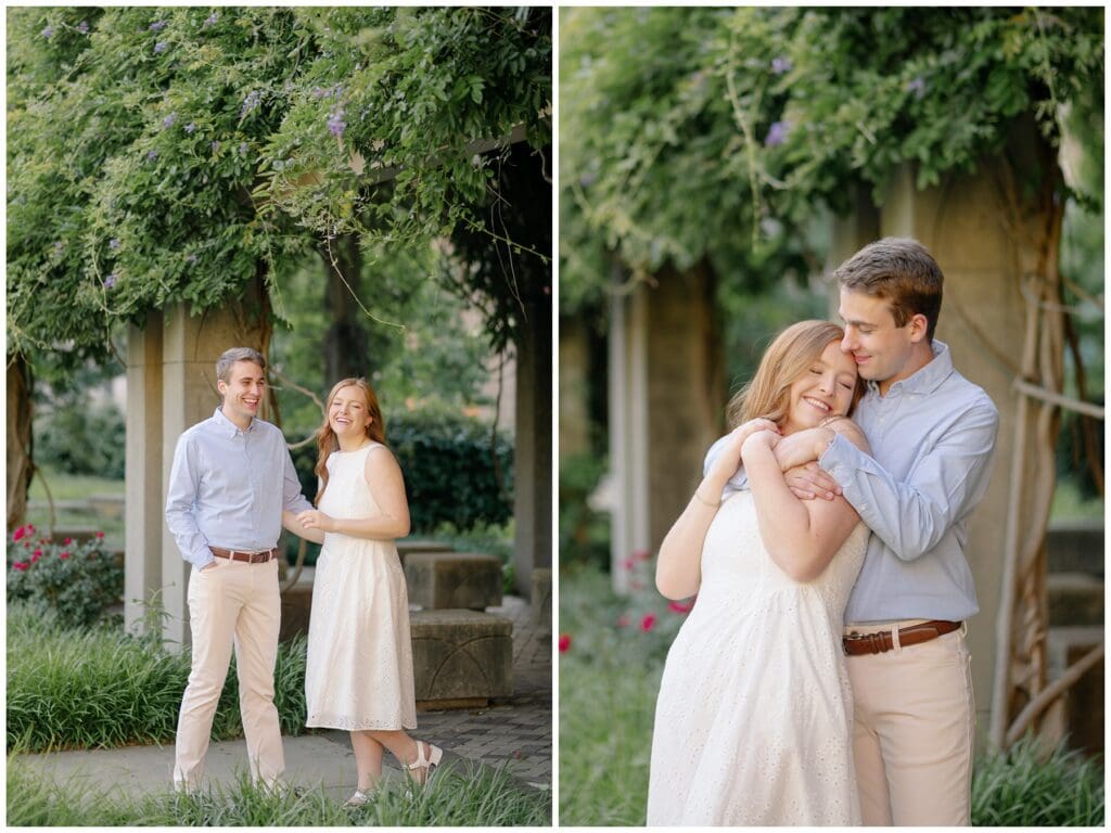 Collage of candid engagement photos beneath the lush greenery arch during a University of Notre Dame engagement session.