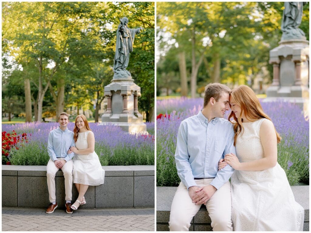 Collage of engagement portraits in front of the God Quad statue and colorful summer flower beds at Notre Dame.
