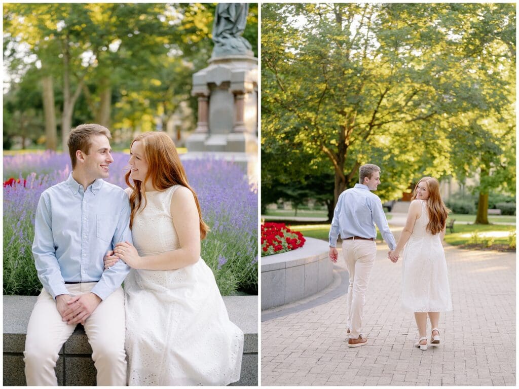 Collage of romantic engagement photos in God Quad with lavender flowers and a tree-lined campus walkway.