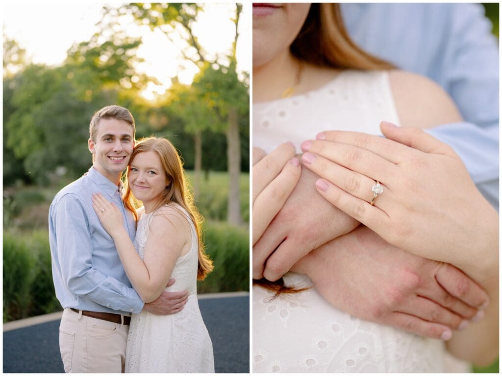 Collage featuring a golden hour engagement portrait and close-up of the engagement ring during a South Bend engagement session.