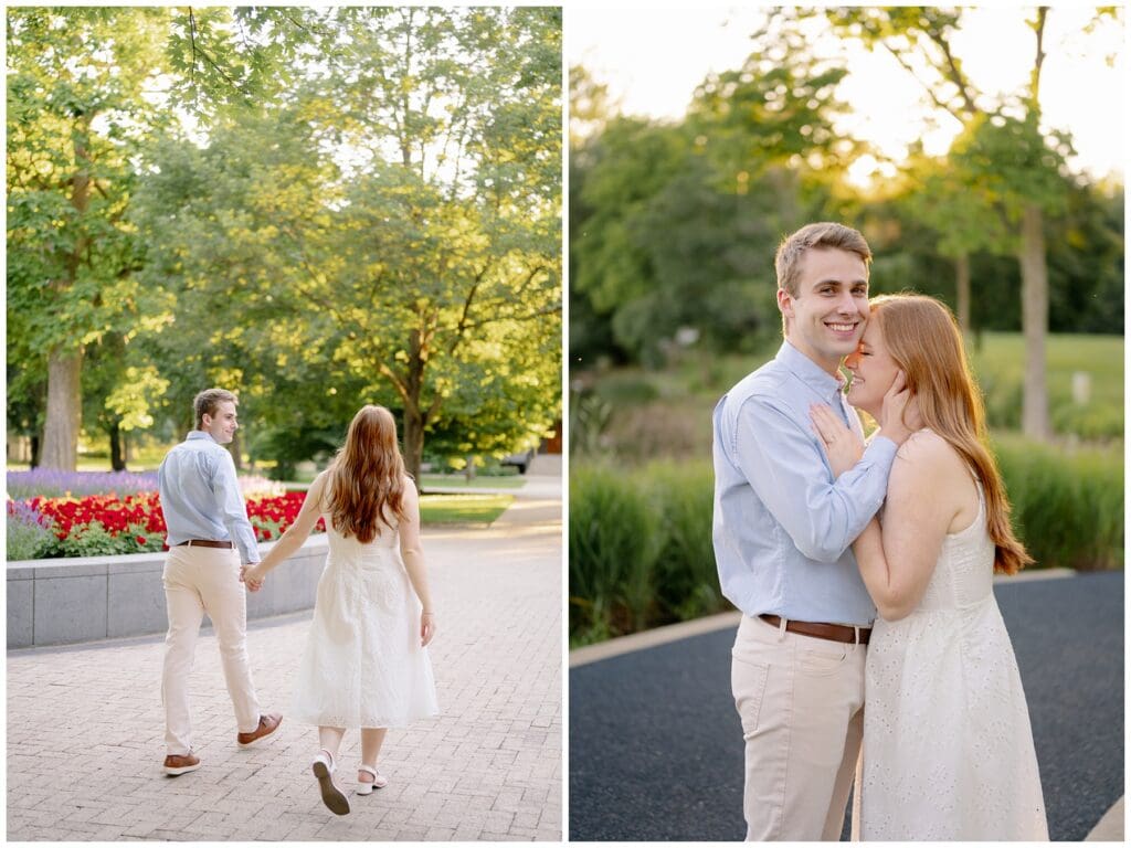 Collage of romantic golden hour engagement photos walking through the University of Notre Dame campus in summer.