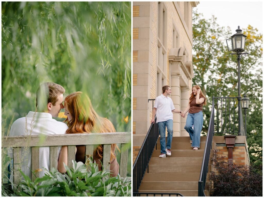 Couple cuddling beneath a willow tree and walking hand-in-hand down the steps of Saint Mary's College during a summer engagement session.
