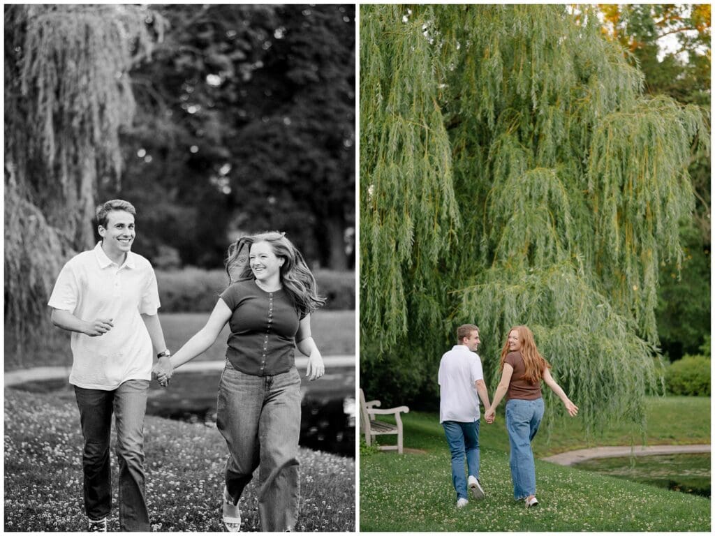 Engaged couple laughing together while walking through the gardens at Saint Mary's College, with romantic portraits beneath a willow tree.