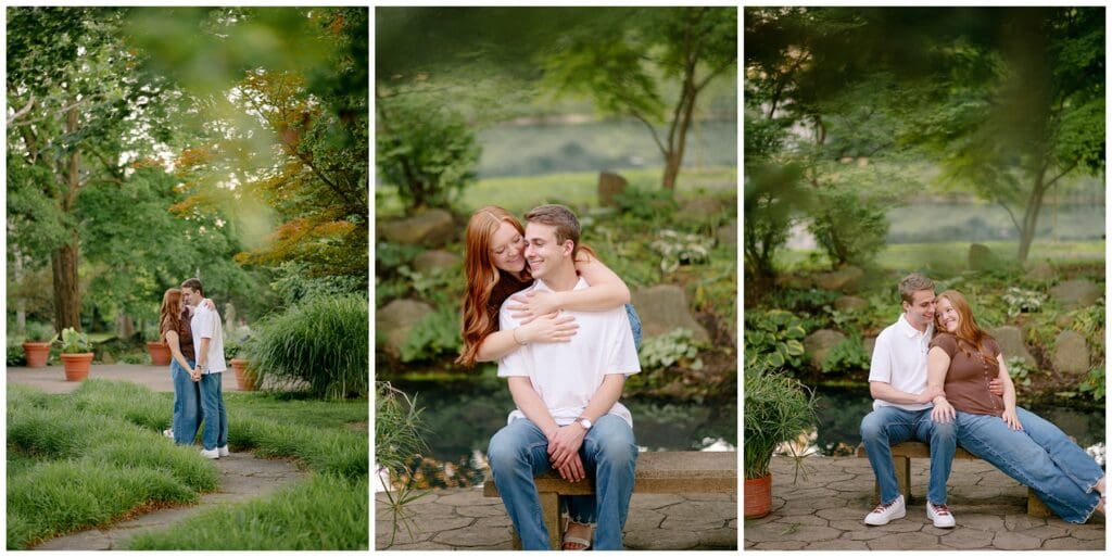 Garden engagement session featuring the couple embracing on a stone bench, sharing playful hugs, and surrounded by lush greenery at Saint Mary's College.