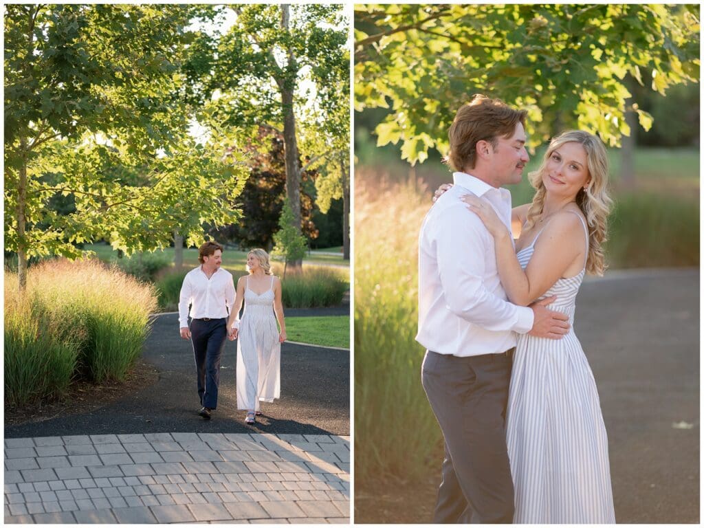Katie and Chris walking together during golden hour engagement photos at Notre Dame