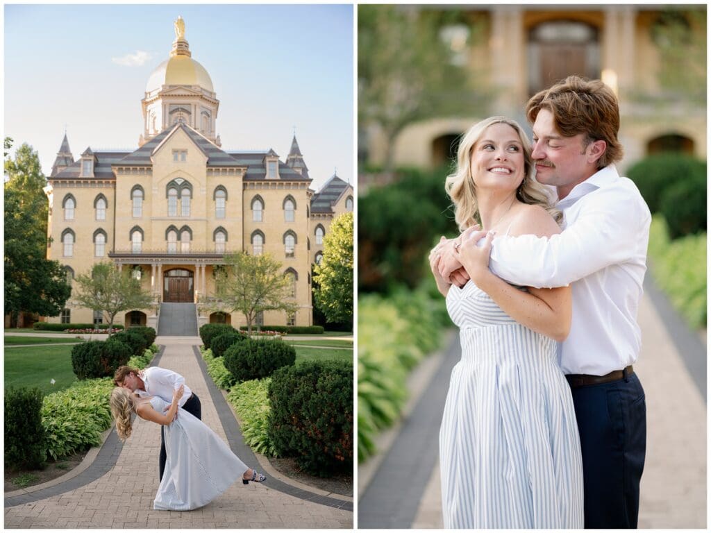 Katie and Chris in front of the Golden Dome during golden hour engagement photos at Notre Dame
