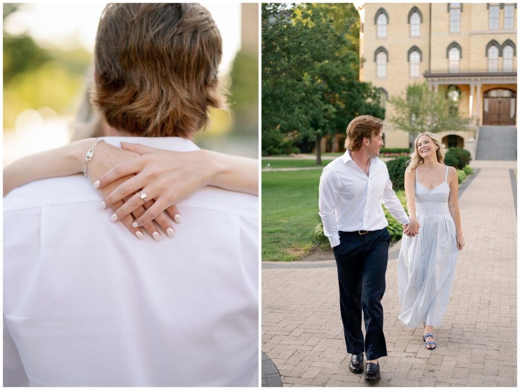 Close-up of an engagement ring and Katie and Chris walking together on the Notre Dame campus
