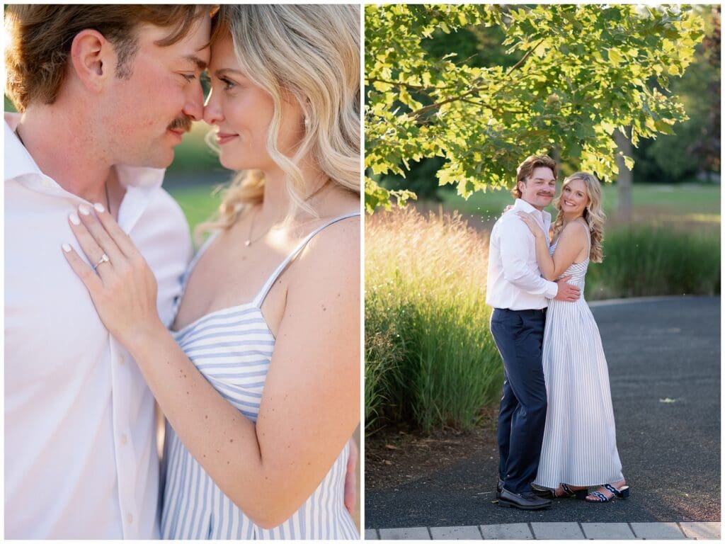 Close-up engagement portrait of Katie and Chris in warm golden hour light at Notre Dame