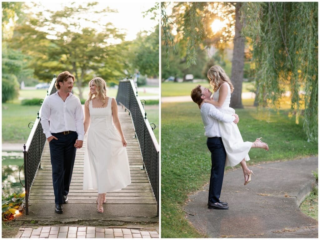 Katie and Chris walking across a bridge and embracing beneath a willow tree at Saint Mary’s College
