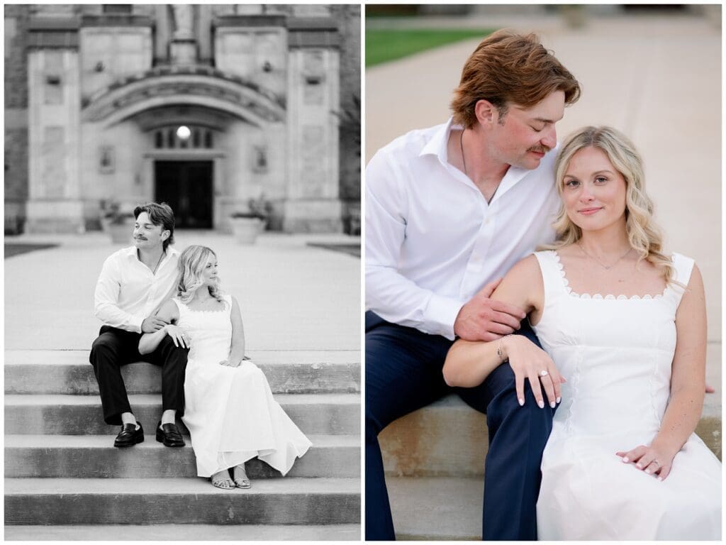 Katie and Chris posing on a bridge and campus steps during engagement photos at Saint Mary’s College