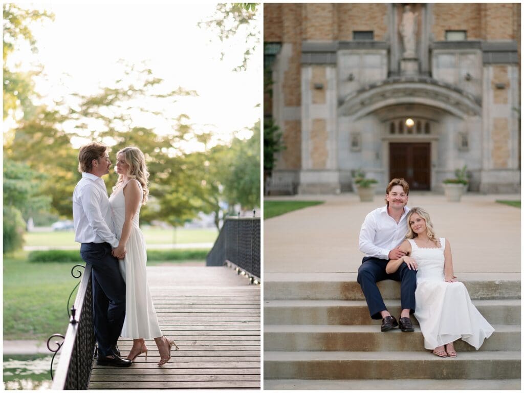 Katie and Chris walking and sharing a kiss beneath a willow tree during golden hour at Saint Mary’s College