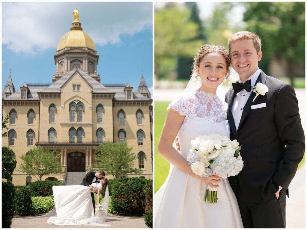 Bride and groom portraits on the University of Notre Dame campus beneath the Golden Dome.